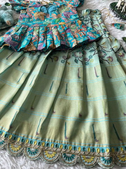 Kids Tissue Silk handwork Embroidered Lehenga Set - Sky