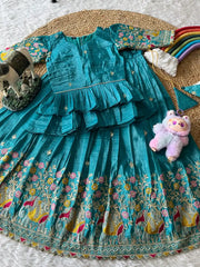 Kids Crush Fabric Elephant Embroidery Lehenga Set - Sky