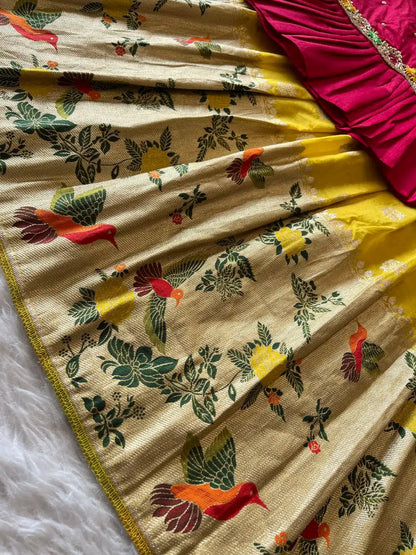 Soft Khadi Georgette Bird Weaving Lehenga - Yellow