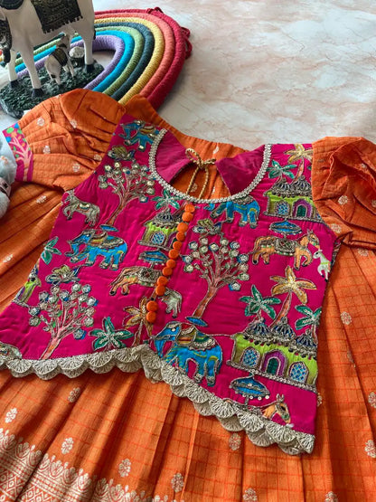 Kids Elephant 3D Weaving Lehenga - Orange