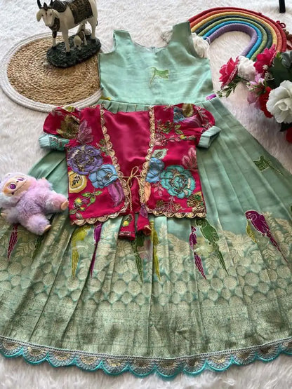 Parrot Design Floral Kids Gown with Coat - Sky