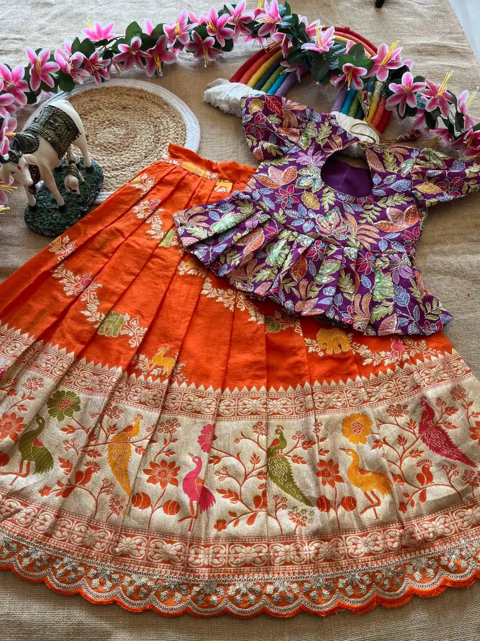 Kids Khadi Silk Animal Theme Weaving Lehenga - Orange
