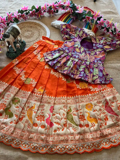Kids Khadi Silk Animal Theme Weaving Lehenga - Orange