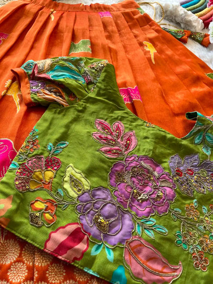 Kids Crepe Position Printed Lehenga - Orange