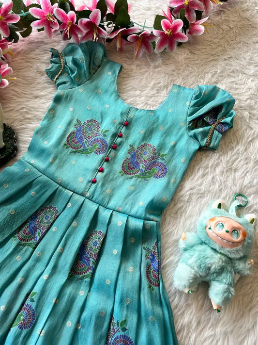 Kids Tissue Silk Paithani Weaving  Gown - Sky
