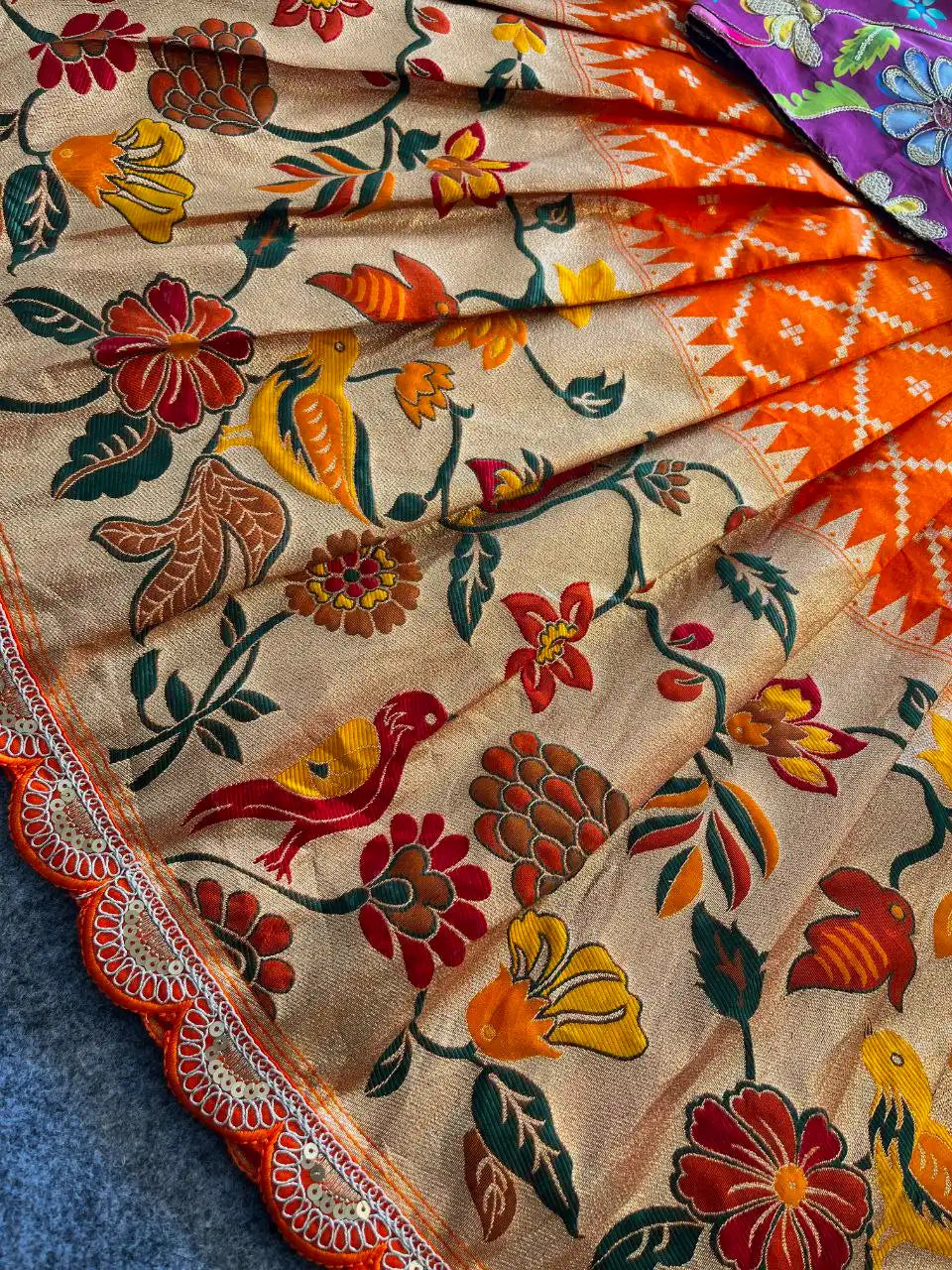 Dola Silk Parrot Meena Weaving Kids Lehenga - Orange