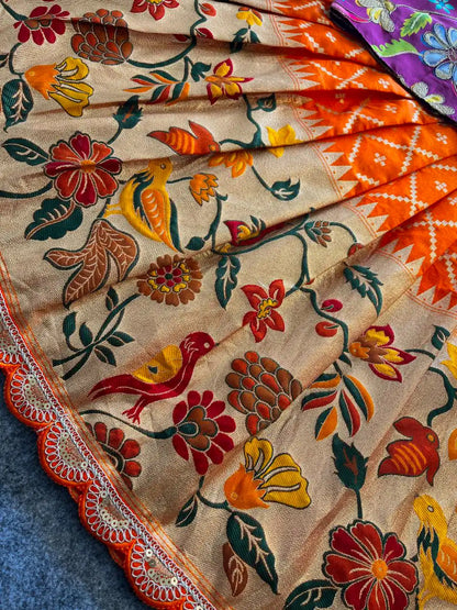 Dola Silk Parrot Meena Weaving Kids Lehenga - Orange