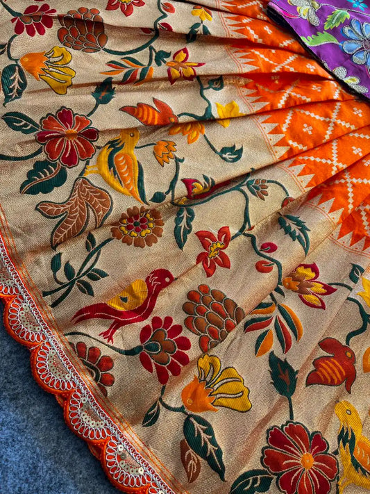 Dola Silk Parrot Meena Weaving Kids Lehenga - Orange