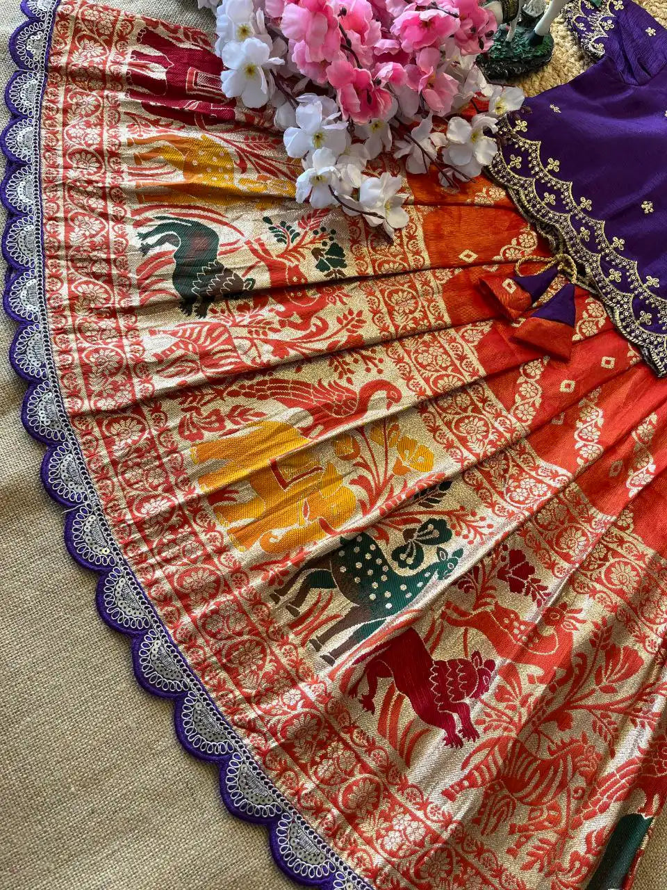 Animals Bandhej Leheriya Kids Lahenga - Purple