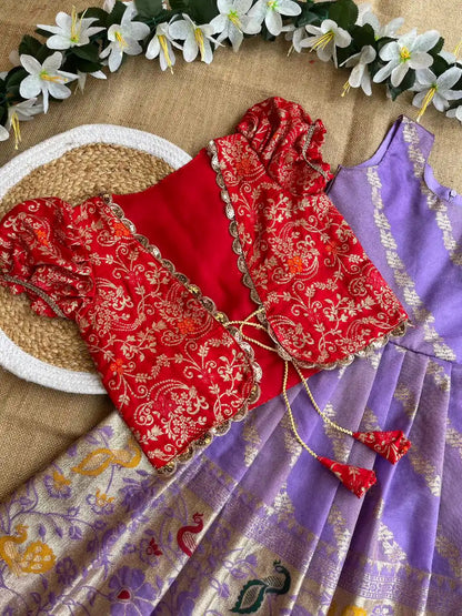 Soft Tissue Silk Paithani Weaving Kids Gown - Lilac