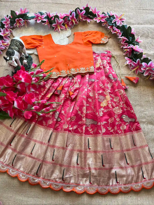 Kids Banarasi Dola Silk Paithani Lehenga - Pink