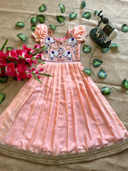 Kids Elephant Handwork Gown - Peach