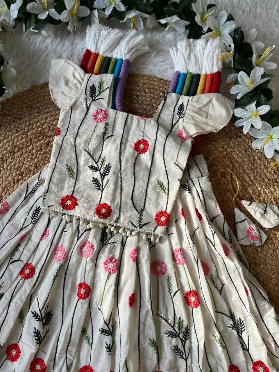Floral Embroidered Cotton Kids Lehehnga Set