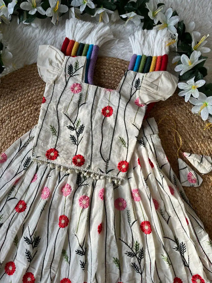 Floral Embroidered Cotton Kids Lehehnga Set