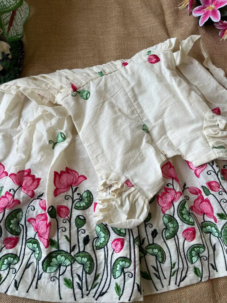 Kids Kora Cotton Lotus Embroidery Work Gown