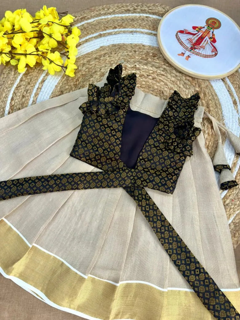Kids Kerala Onam Special Lehenga-Choli - Black