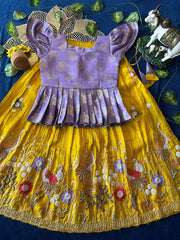 Flamingo Bead & Moti Work Kids Lehenga - Lilac & Yellow