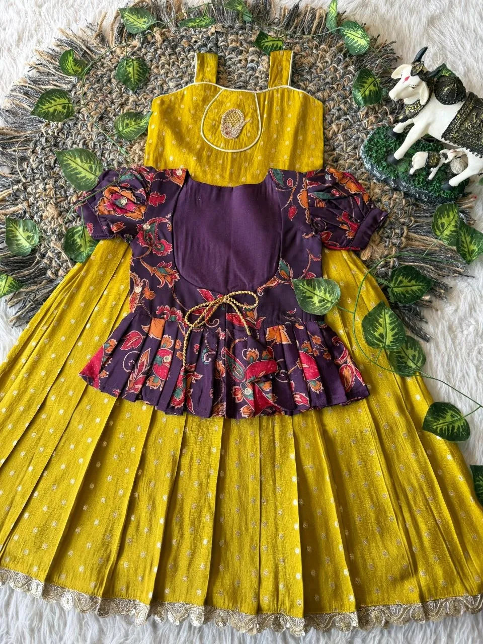 Kids Tissue Gown Kalamkari Mirror Work Coat - Yellow