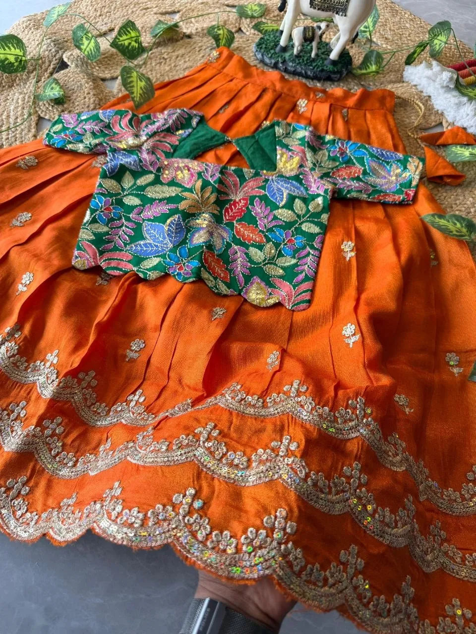 Kids Rainbow Work Designer Lehenga - Green & Orange