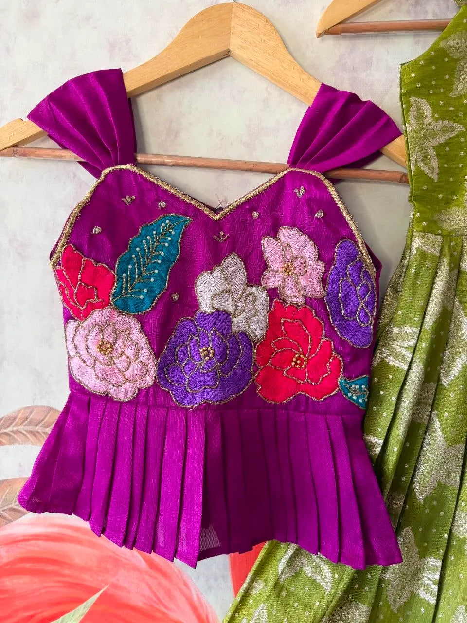 Kids Floral Gown with Maggam Work Coat - Parrot