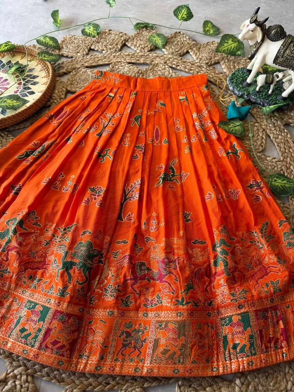 Kids Jungle Theme Position Jacquard Lehenga - Sky-Orange