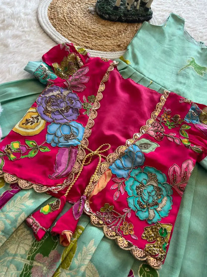 Parrot Design Floral Kids Gown with Coat - Sky