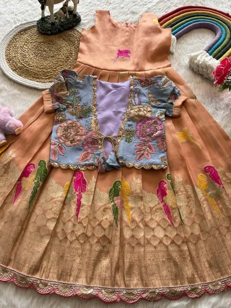 Parrot Design Floral Kids Gown with Coat - Peach