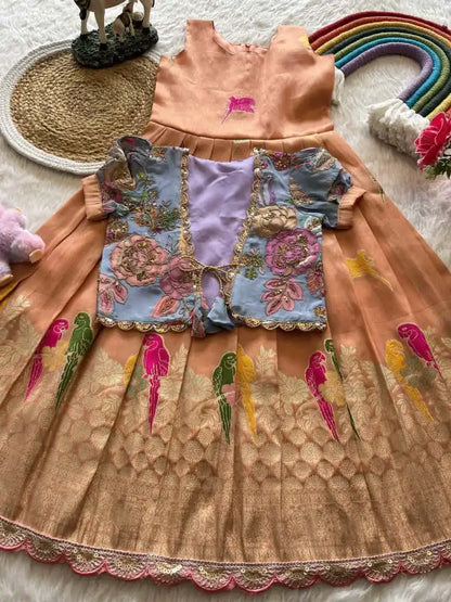 Parrot Design Floral Kids Gown with Coat - Peach