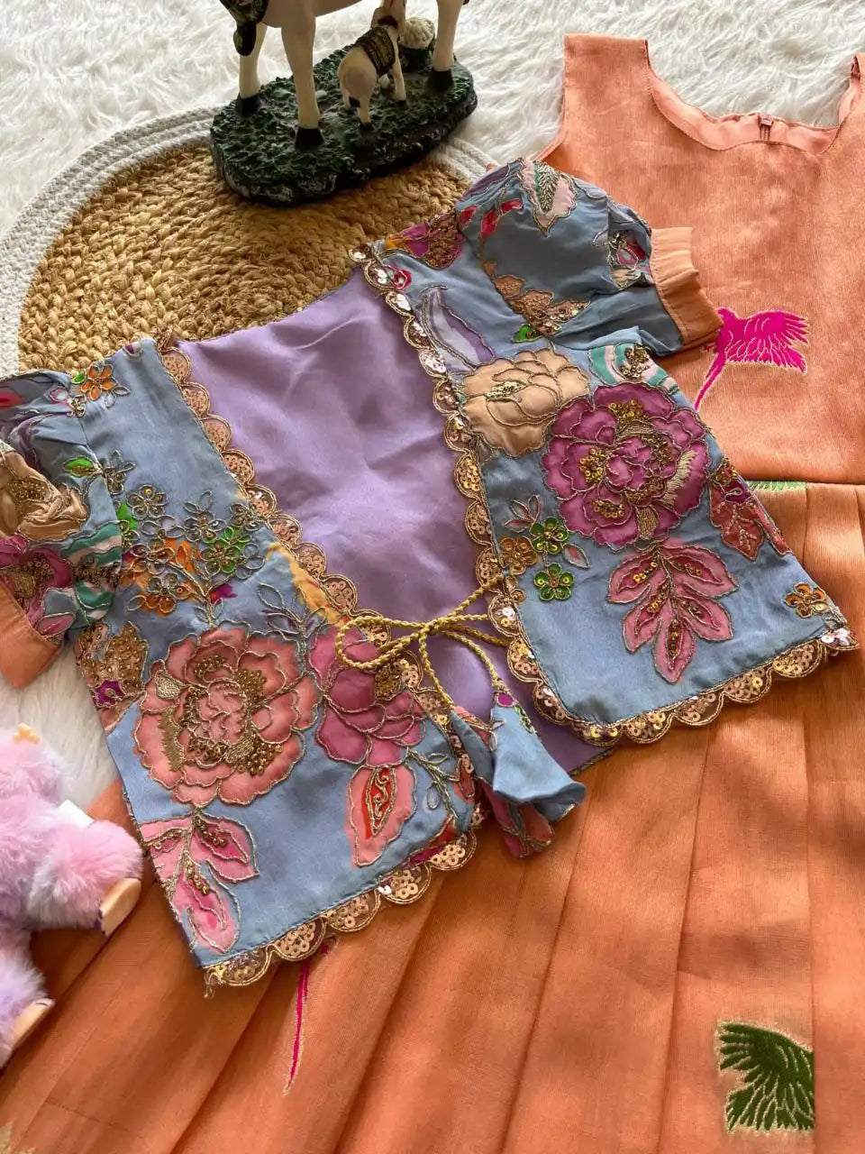 Parrot Design Floral Kids Gown with Coat - Peach