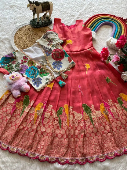Parrot Design Floral Kids Gown with Coat - Red