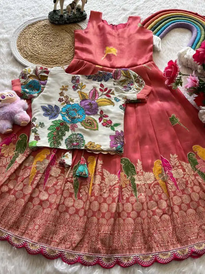 Parrot Design Floral Kids Gown with Coat - Red