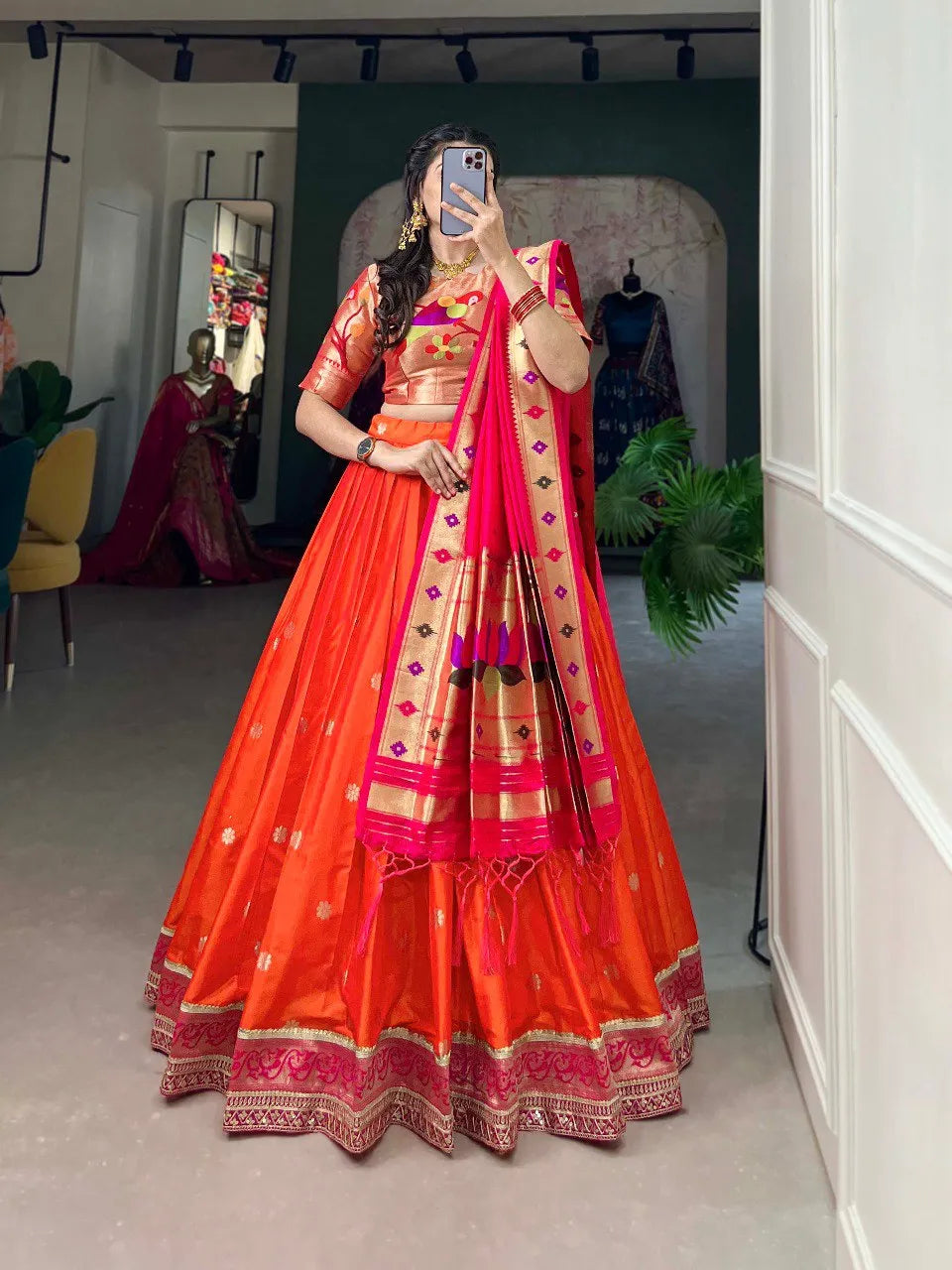 Royal Paithani Lehenga Choli with Dupatta & Batwa - Orange