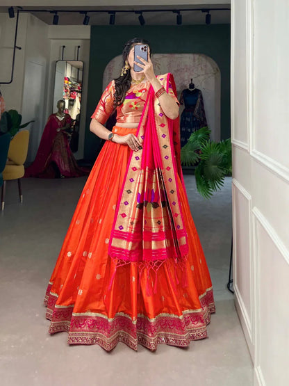 Royal Paithani Lehenga Choli with Dupatta & Batwa - Orange