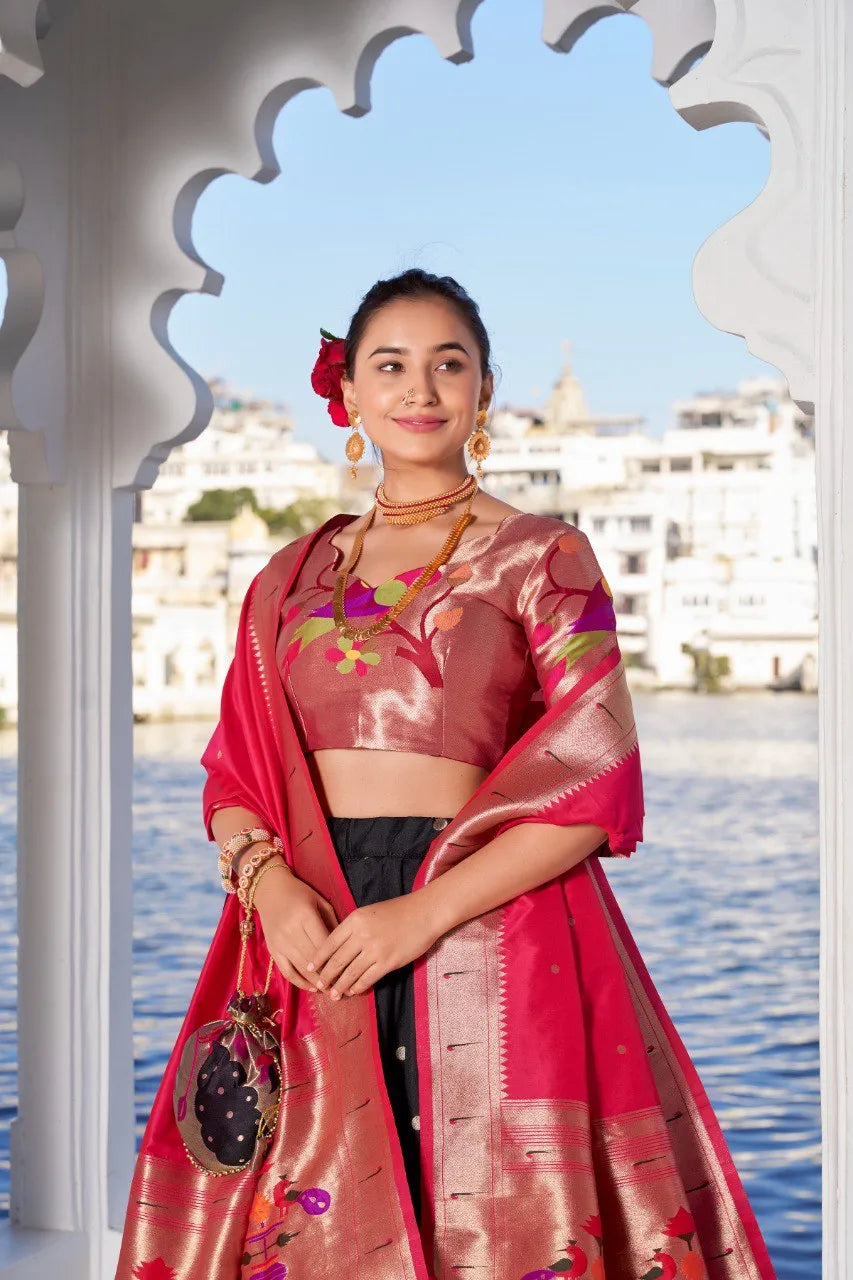 Traditional Paithani Lehenga with Dupatta & Batwa - Black