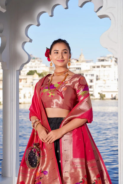 Traditional Paithani Lehenga with Dupatta & Batwa - Black