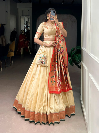 Traditional Maharashtrian Paithani Lehenga Choli for Wedding - Cream