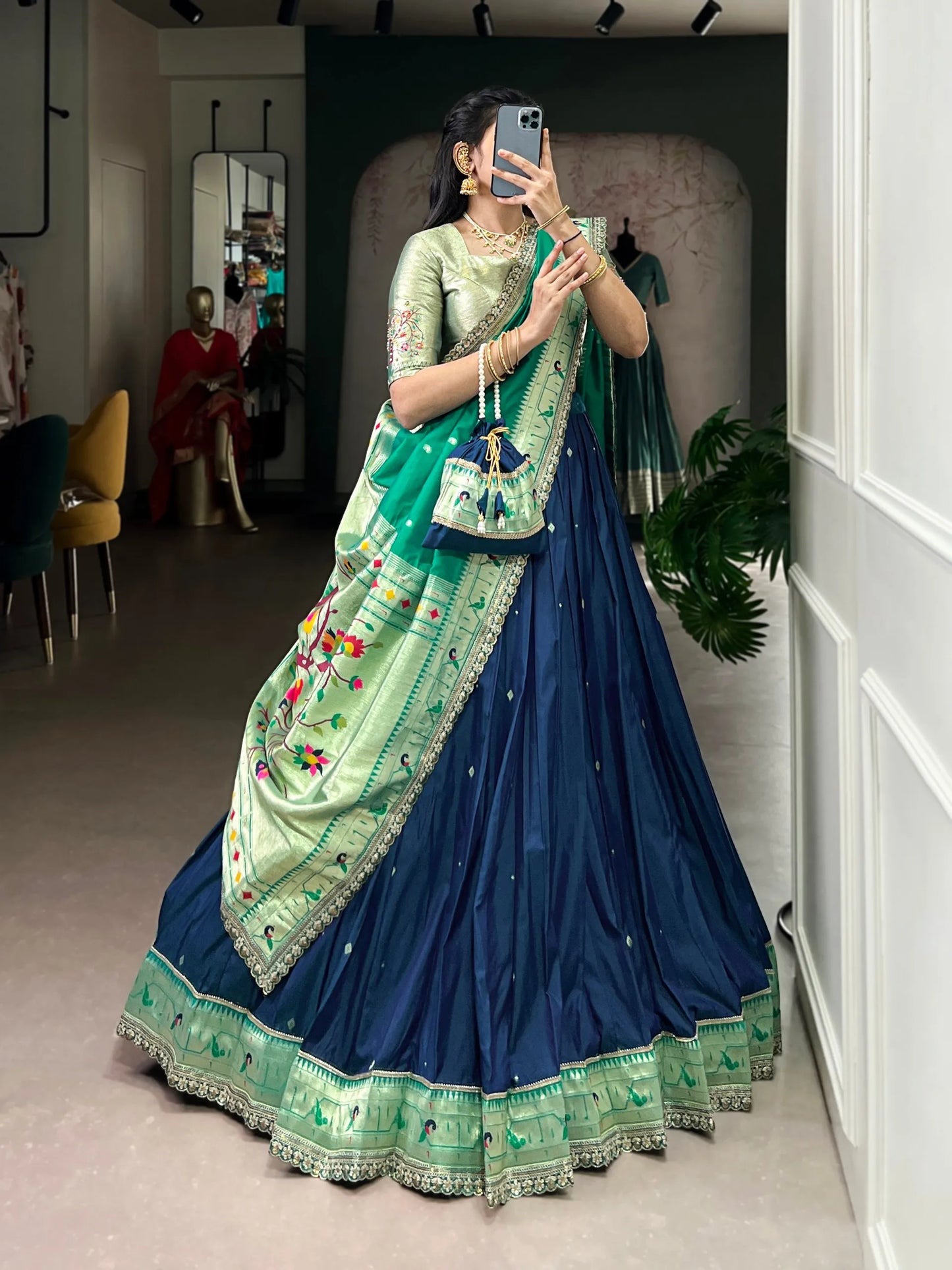 Soft Silk Paithani Embroidery Thread Work Lehenga Choli - Navy Blue