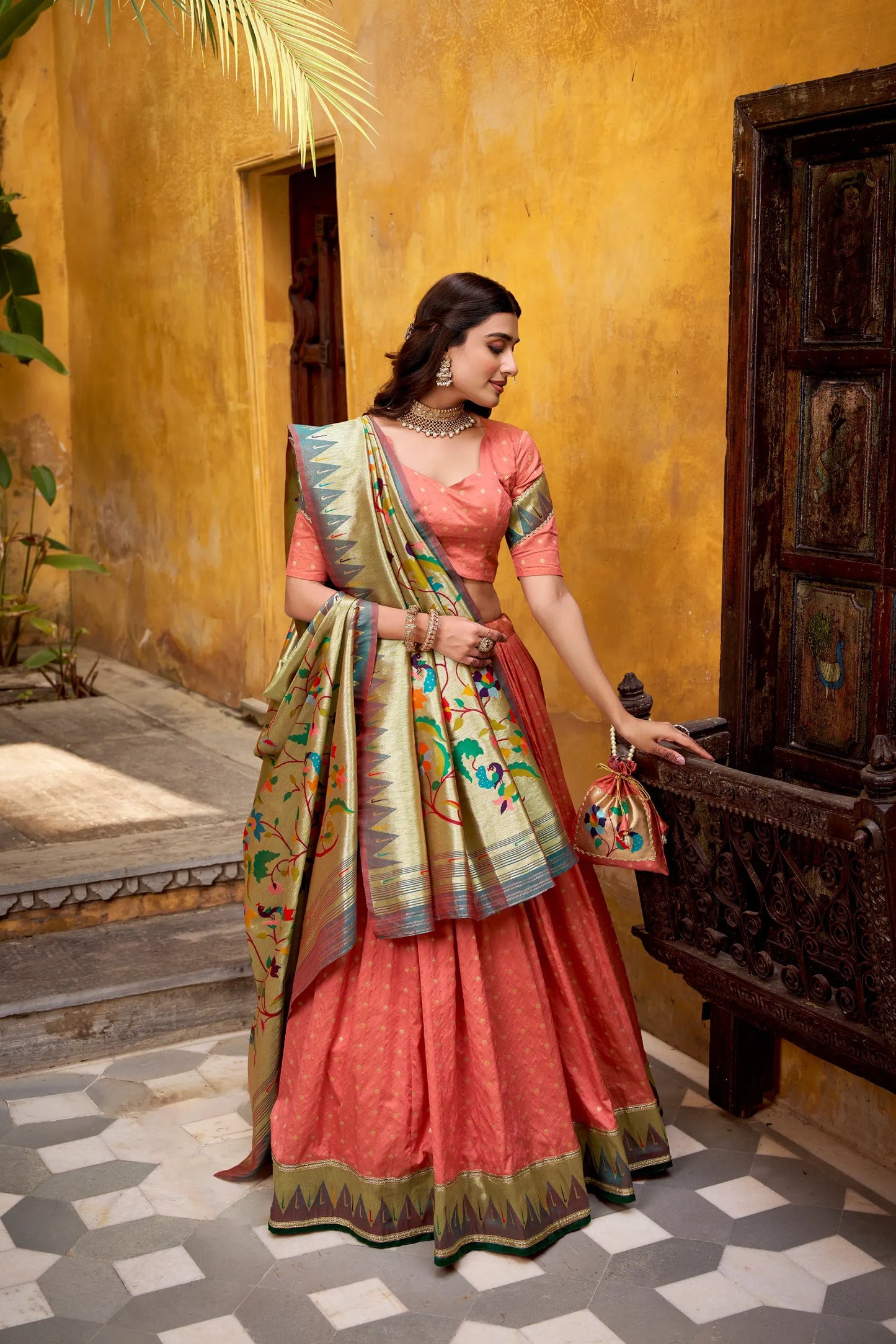 Traditional Maharashtrian Paithani Lehenga Choli for Wedding - Peach