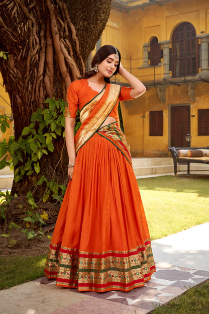 Soft Pure Chanderi Gotta Patti Lace Paithani Lehenga Choli - Orange