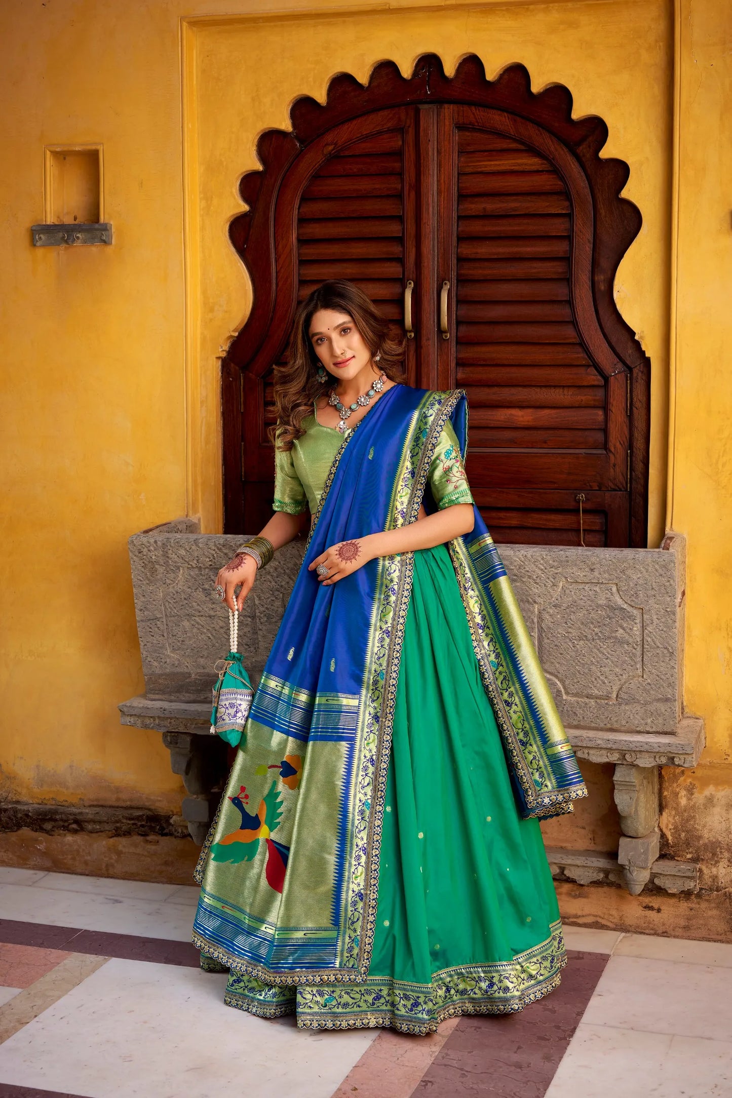 Soft Silk Paithani Embroidery Thread Work Lehenga Choli - Teal