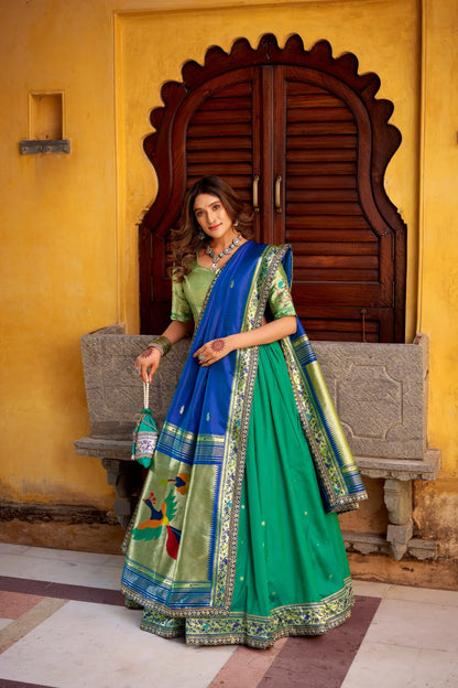 Soft Silk Paithani Embroidery Thread Work Lehenga Choli - Teal