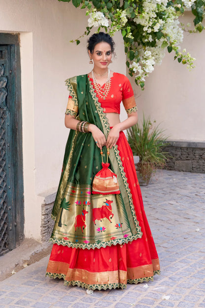 Maharashtrian Wedding Paithani Lehenga Choli - Red