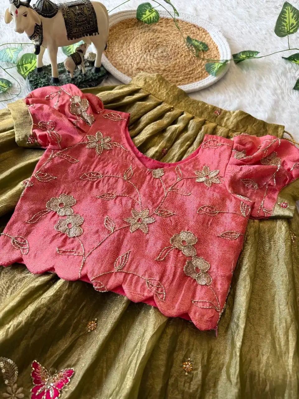 Kids Elephant Bloom Garden Lehenga Choli Set - Mehndi