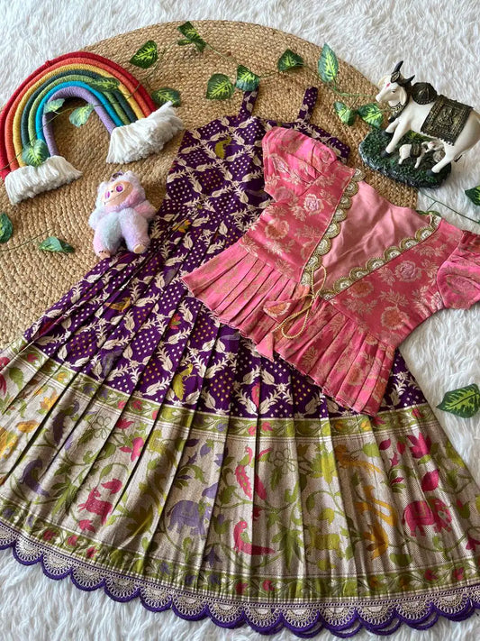 Kids Gown with Designer Coat - Pink & Purple