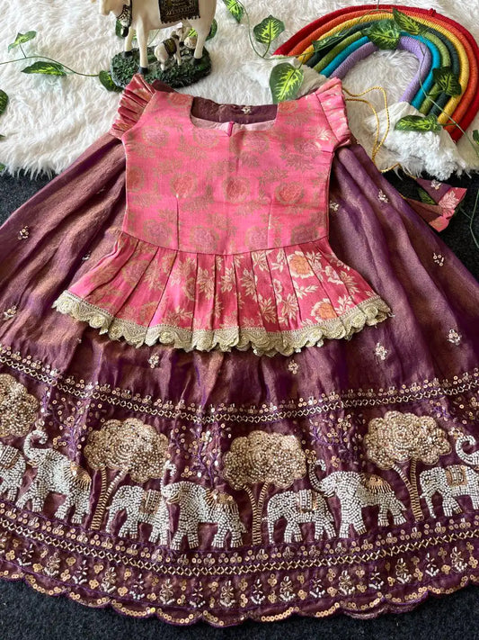 Elephant Garden – Kids Festive Lehenga Set - Wine