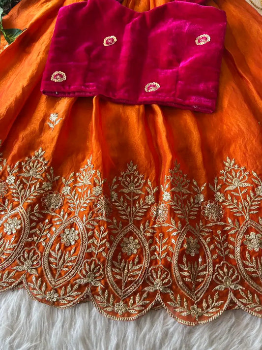 Royal Velvet Kids Lehenga Set - Red & Orange