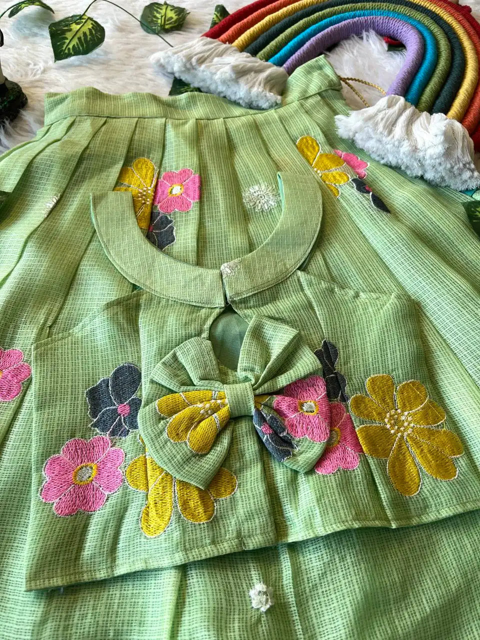 Kids Kota Chex Floral Lehenga Set - Pista
