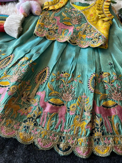 Kids Nature Designer Lehenga Set - Yellow & Sky