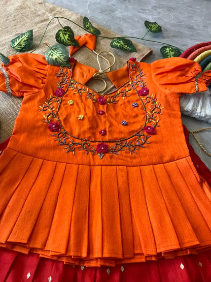 Flamingo Paithani Traditional Kids Lehenga - Red