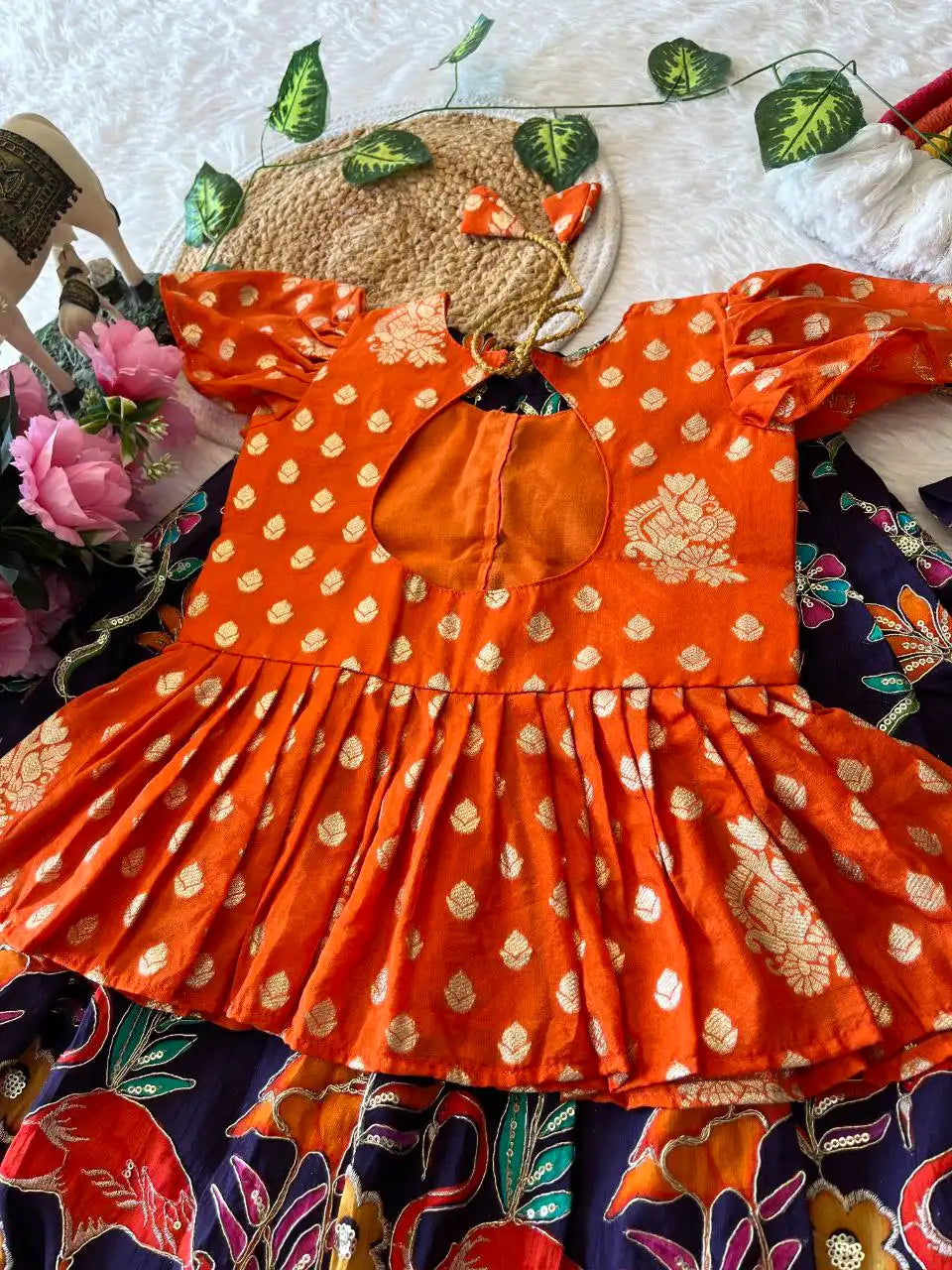 Kids Dola Silk Position Embroidered Lehenga Set - Orange